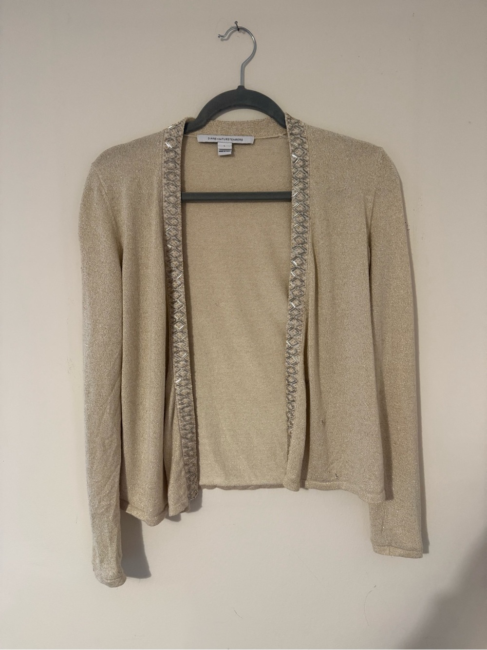 Diane Von Furstenberg Metallic Open-Front Cardigan Sweater - Champagne
